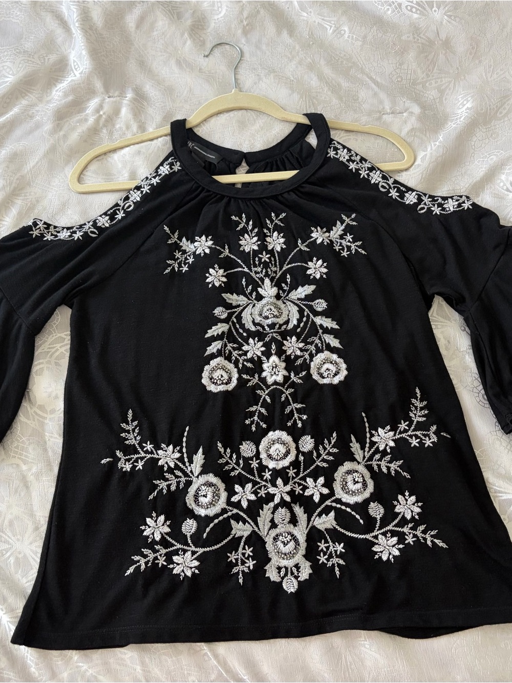 INC International Concepts Black Cold-Shoulder Embroidered Long-Sleeve Top